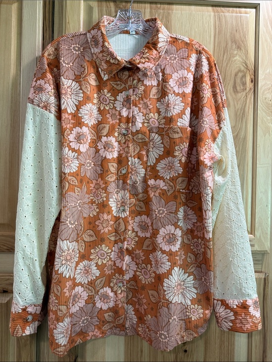 Grace + Emma Tops - Grace + Emma Floral Retro Boho Ribbed Eyelet Button-Up Shirt in Rust Cream Sz XL